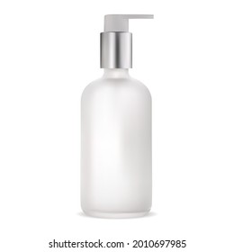 Cosmetic lotion package. Pump container, serum gel template. Liquid soap glass tube with metal dispenser cap. Face care product illustration