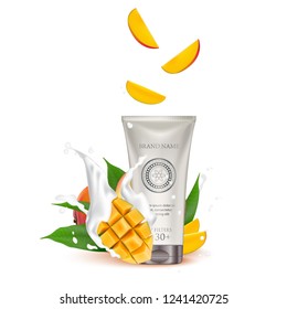 Cosmetic luxury packaging, plastic tube. Container white. Tube mock-up for oil, face moisturizer cream, toothpaste, scrub or gel. Mango. Leaf. Splashing cream milk. Vector Illustration.