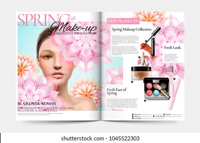 Cosmetic magazine ads, beautiful model with makeup accessories and pink mandala patterns in 3d illustration