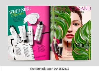 Cosmetic Magazine Ads, Beautiful Model With Skin Care Products In 3d Illustration