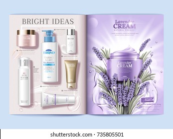 Cosmetic magazine brochure, lavender cream with splashing water and top view of skincare products on light pink background in 3d illustration Cosmetic magazine brochure, lavender cream with splashing water and top view of skincare products on light pink background in 3d illustration