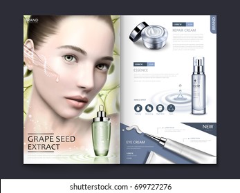 Cosmetic magazine or catalog design, charming model with grape seed extract and skincare products in 3d illustration