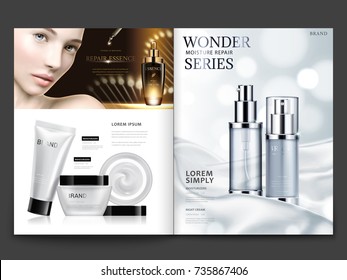 Cosmetic magazine design, attractive model with skincare sets on silky satin background in 3d illustration