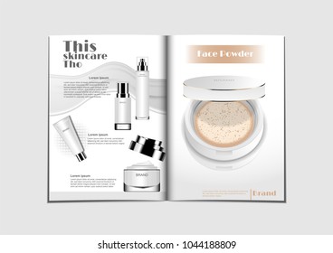 Cosmetic magazine. Serum and cream with milk on the left and pressed powder foundation on the right