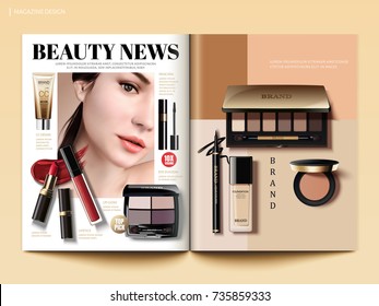 Kosmetische Zeitschriftenvorlage, Beauty-Modeinfo mit Make-up-Produkten in 3D-Illustration, Draufsicht