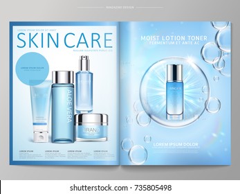 Cosmetic magazine template, blue moisture skincare products with bubbles effect in 3d illustration