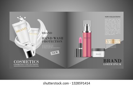 Cosmetic magazine template, cosmetic brochure design with new product collections, 3d illustration 
