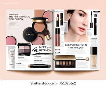 Cosmetic magazine template, cheek blush, eyeshadow and lipsticks products in 3d illustration