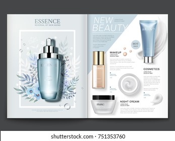 Cosmetic magazine template, elegant essence and skincare products with watercolor floral design in 3d illustration