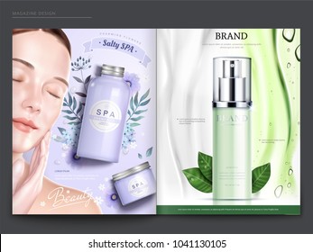 Cosmetic magazine template, elegant model with spa and skincare products, in 3d illustration