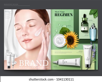 Cosmetic magazine template, elegant model with cream on her face, skincare products on green geometric background, in 3d illustration