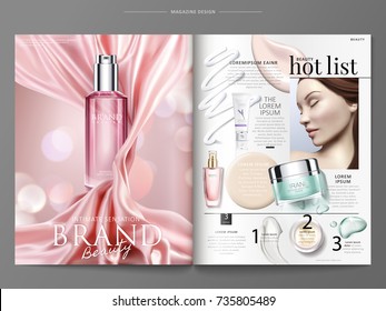 Cosmetic Magazine Template, Elegant Product Ads With Pink Satin And Top View Of Bottles With Texture In 3d Illustration