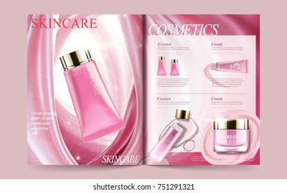 Cosmetic Magazine Template, Elegant Skincare Products With Their Texture In Pink Tone, 3d Illustration