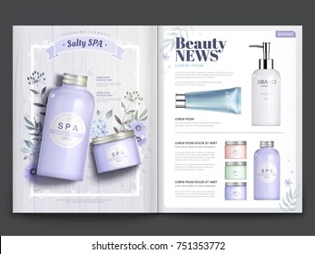 Cosmetic magazine template, elegant spa and skincare products with watercolor floral design in 3d illustration