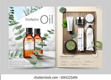 Cosmetic magazine template, Eucalyptus oil and skincare products in 3d illustration