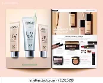 Cosmetic magazine template, fashion makeup trends brochure with foundation, sunblocks and eye shadows products in 3d illustration