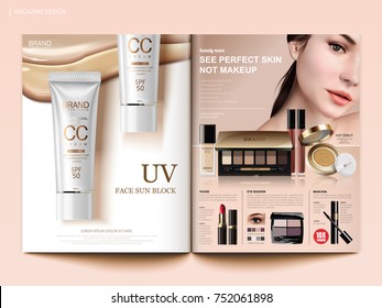 Cosmetic magazine template, fashion makeup trends brochure with foundation, sunblocks and eye shadows products in 3d illustration