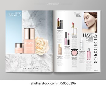 Cosmetic magazine template, foundations placed on marble wall, products listed on the right side, 3d illustration