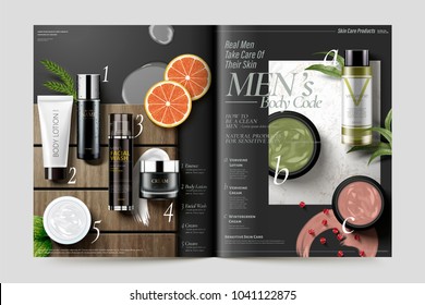 Cosmetic magazine template, fresh herbs products on marble stone and wood plate texture, 3d illustration