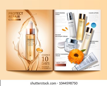 Cosmetic magazine template, golden hair oil and skin care products in 3d illustration