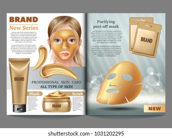 Cosmetic magazine template, golden  scrub with biogold. Advertising skin care purifying peel-off mask. 3d vector realistic illustration.