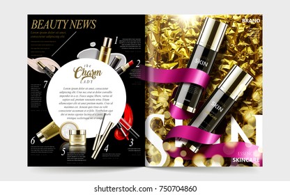 Cosmetic magazine template, gorgeous product on golden creased paper with ribbons and other products listed on the left page, 3d illustration