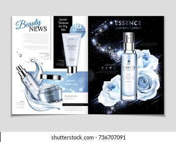 Cosmetic magazine template, gorgeous rose essence in blue tone isolated on galaxy background with flowing liquid in 3d illustration Cosmetic magazine template, gorgeous rose essence in blue tone isolated on galaxy background with flowing liquid in 3d illustration