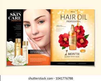 Cosmetic magazine template, hair oil with elegant model in 3d illustration, red and white camellia isolated on golden glitter background