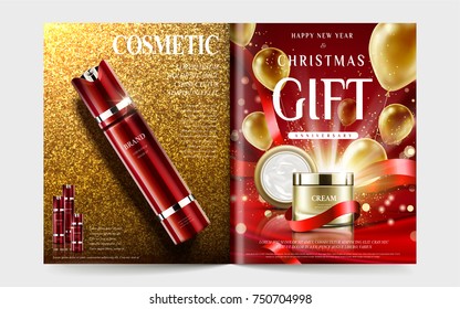 Cosmetic magazine template, holiday sales with balloons and ribbons elements on sparkling background, 3d illustration in red and golden color