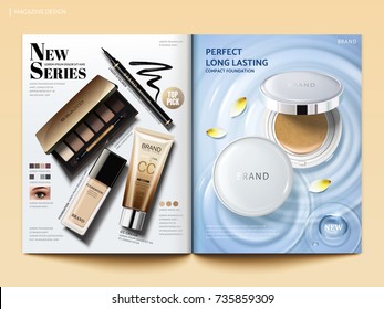 Cosmetic magazine template, hot sale products like cushion powder and eye shadow, cc cream and eyeliner in 3d illustration, top view