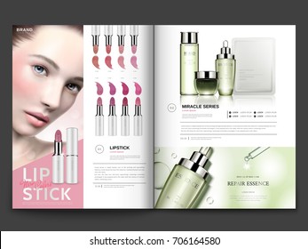 Cosmetic magazine template, lipstick and skin care products with model portrait in 3d illustration, magazine or catalog brochure for design uses