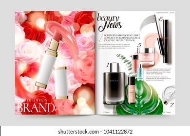 Cosmetic magazine template, lipstick and its texture isolated on rose background, other products list in the right page, 3d illustration