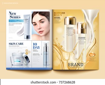 Cosmetic magazine template, lotion with flowing cream and oil in 3d illustration, product catalog for design Cosmetic magazine template, lotion with flowing cream and oil in 3d illustration, product catalog for design