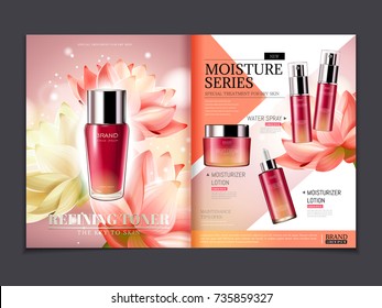 Cosmetic magazine template, lotus series products with elegant flower elements and glitter lights in 3d illustration