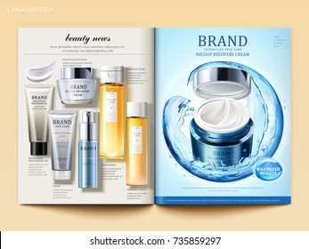 Cosmetic magazine template, moisture cream product with sphere composed by flowing water and top view of skincare products in 3d illustration Cosmetic magazine template, moisture cream product with sphere composed by flowing water and top view of skincare products in 3d illustration