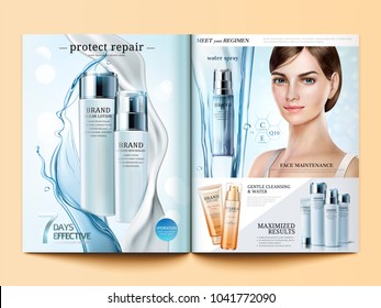 Cosmetic magazine template, moisturizing products with flowing water and cream texture in 3d illustration