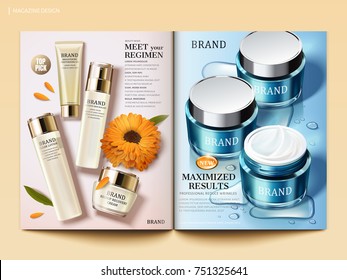 Cosmetic magazine template, Moisturizing skin care products with water drops and calendula elements in 3d illustration