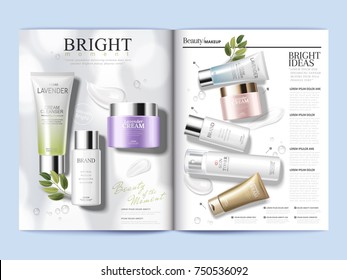 Cosmetic magazine template, refreshing skin care products with textures isolated on white background in 3d illustration