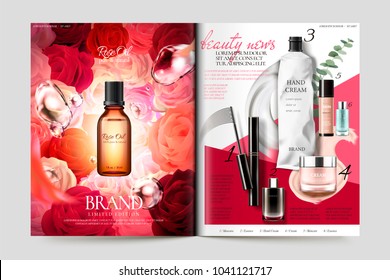 Cosmetic magazine template, rose oil glass bottle isolated on floral backgrounds and other products list on the right page, 3d illustration