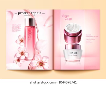 Cosmetic magazine template, sakura toner and cream products with flying petals in 3d illustration, pink background