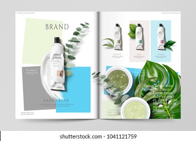 Cosmetic Magazine Template, Set Of Hand Cream Products With Green Leaves, In 3d Illustration