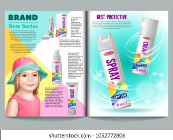 Cosmetic magazine template. Set sunscreen, cream, lotion, gel, balsam and spray. Protection from the sun. 3d realistic vector illustration.
