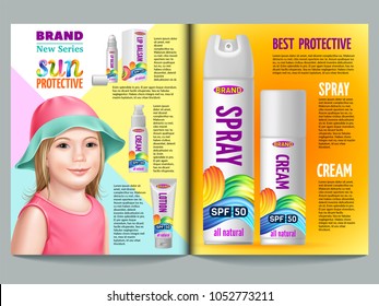 Cosmetic magazine template. Set sunscreen, cream, lotion, gel, balsam and spray. Protection from the sun. 3d realistic vector illustration.