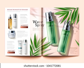 Cosmetic Magazine Template, Skin Care Products With Palm Leaves Element In 3d Illustration