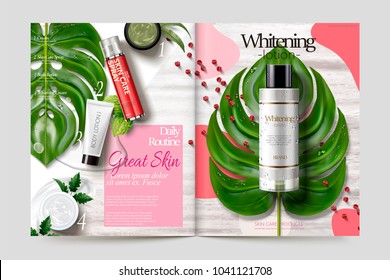 Cosmetic Magazine Template, Skincare Products On Tropical Leaves And Wooden Table, 3d Illustration