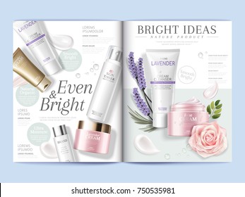 Cosmetic Magazine Template, Skincare Products With Texture And Floral Elements In 3d Illustration