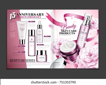 Cosmetic Magazine Template, Skincare Set With Camellia And Ribbon Decorations In 3d Illustration