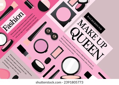 Cosmetic magazine template, top view of lipsticks and foundations isolated on violet tone geometric background in 3d illustration