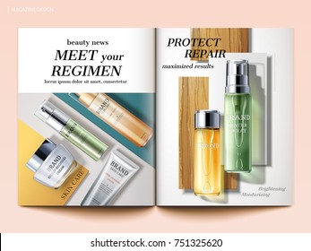Cosmetic magazine template, top view of skincare products isolated on geometric background in 3d illustration Cosmetic magazine template, top view of skincare products isolated on geometric background in 3d illustration