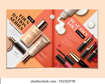 Cosmetic Magazine Template, Top View Of Lipsticks And Foundations Isolated On Orange Tone Geometric Background In 3d Illustration